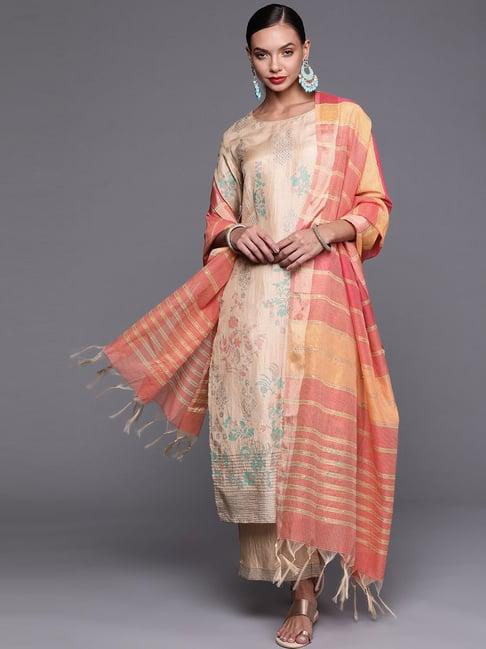 indo era beige printed kurta palazzo set with dupatta