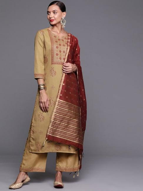 indo era beige printed kurta palazzo set with dupatta