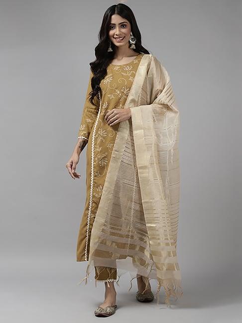 indo era beige printed kurta pant set with dupatta