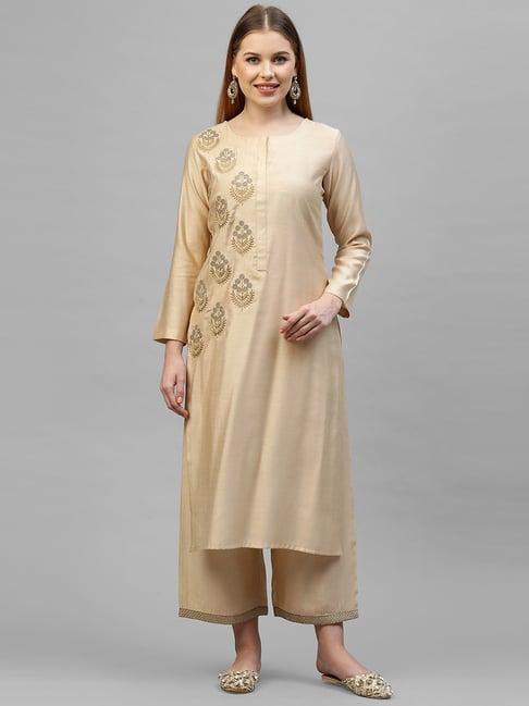 indo era beige round neck kurta & palazzo set