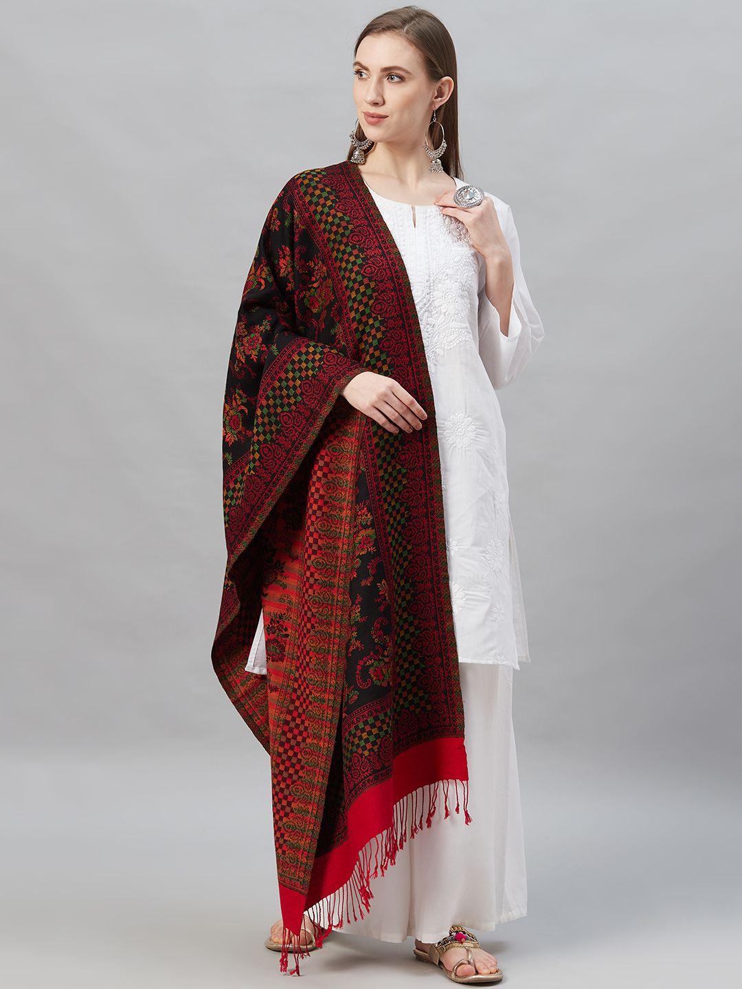 indo era black & orange floral woven design pashmina silk stole