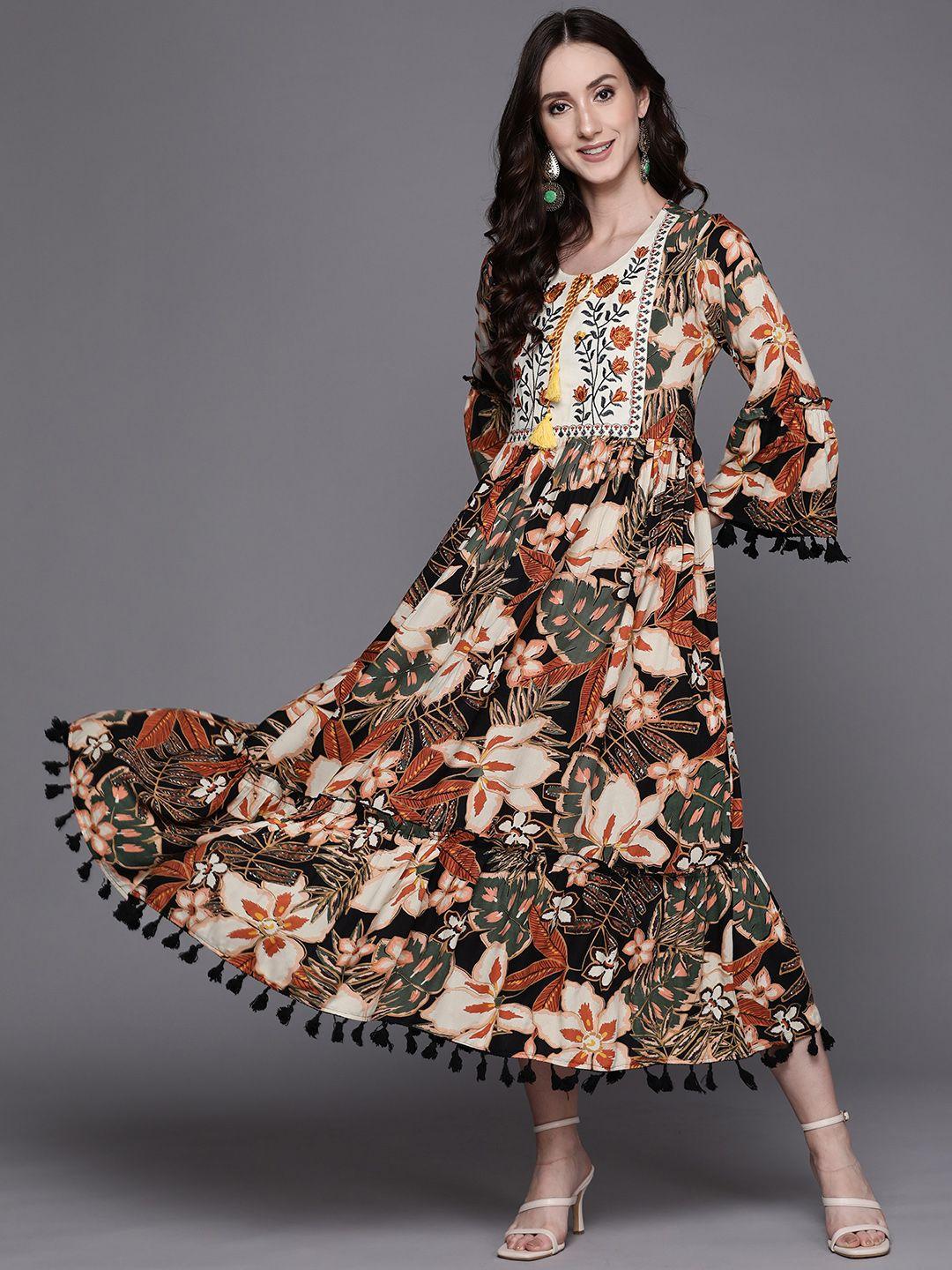 indo era black & peach-coloured floral embroidered tie-up neck ethnic a-line midi dress