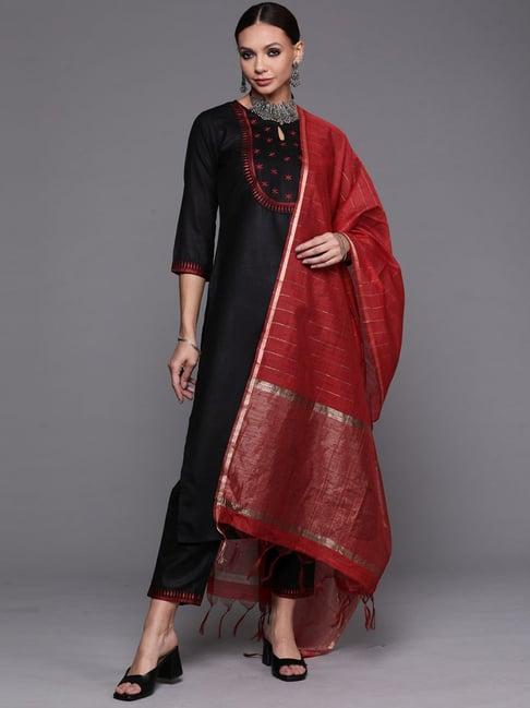 indo era black & red embroidered kurta pant set with dupatta