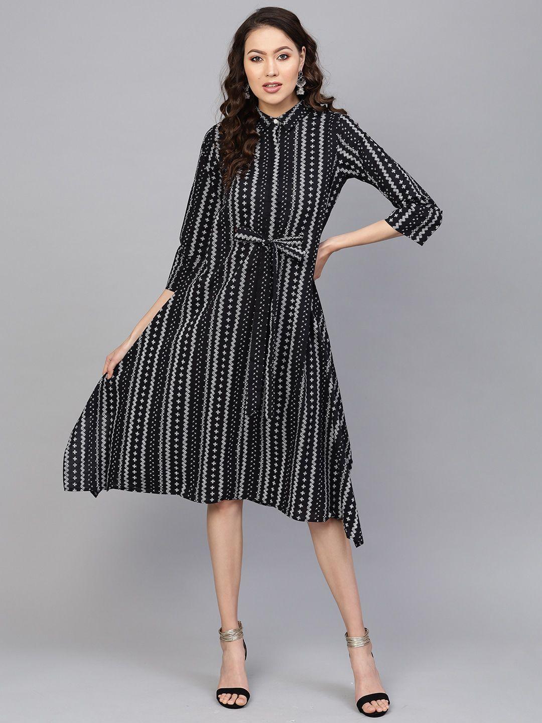 indo era black & white striped a-line midi cotton dress