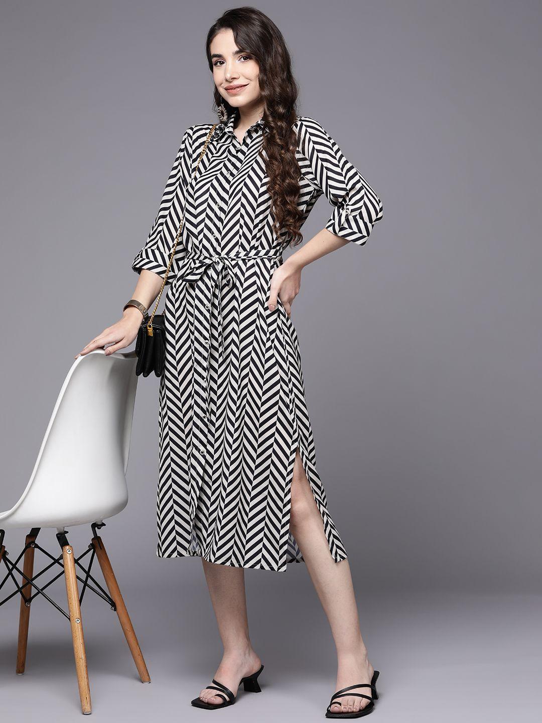 indo era black & white striped satin shirt midi dress