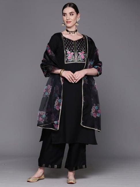 indo era black cotton embroidered kurta palazzo set with dupatta