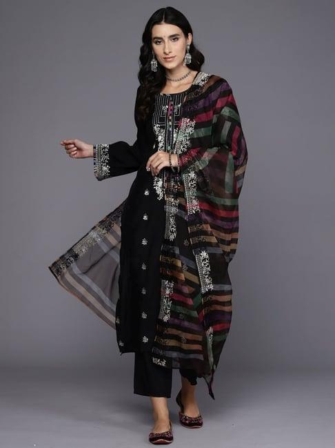 indo era black cotton embroidered kurta pant set with dupatta