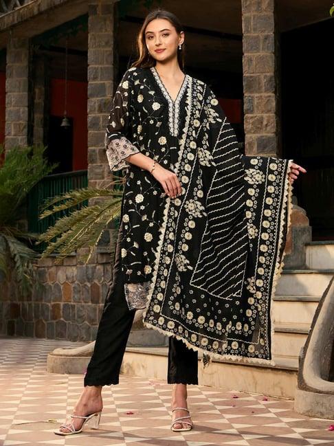 indo era black cotton embroidered kurta pant set with dupatta