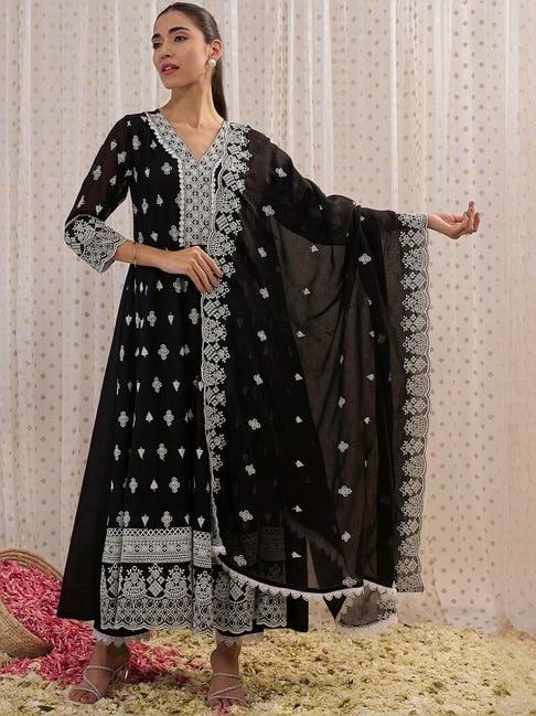 indo era black cotton embroidered kurta pant set with dupatta