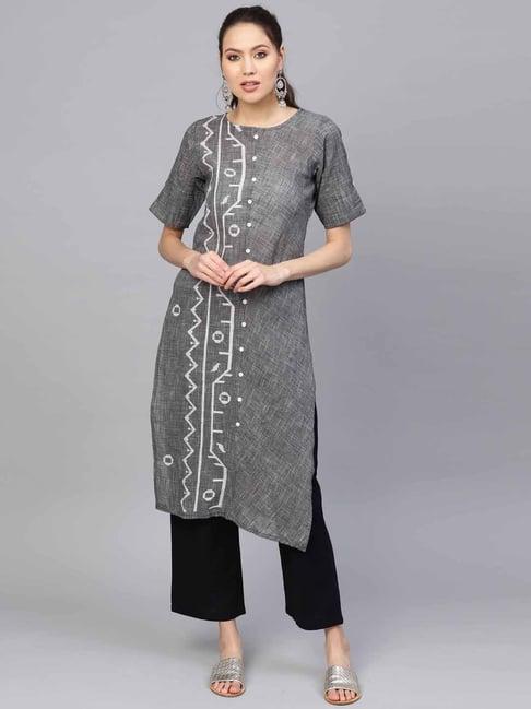 indo era black cotton embroidered straight kurta