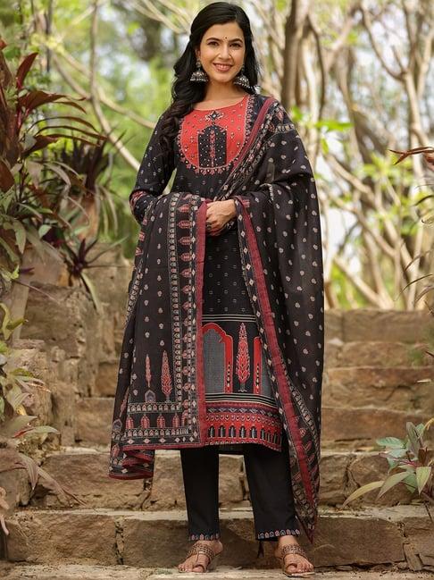 indo era black cotton printed kurta pant set with dupatta