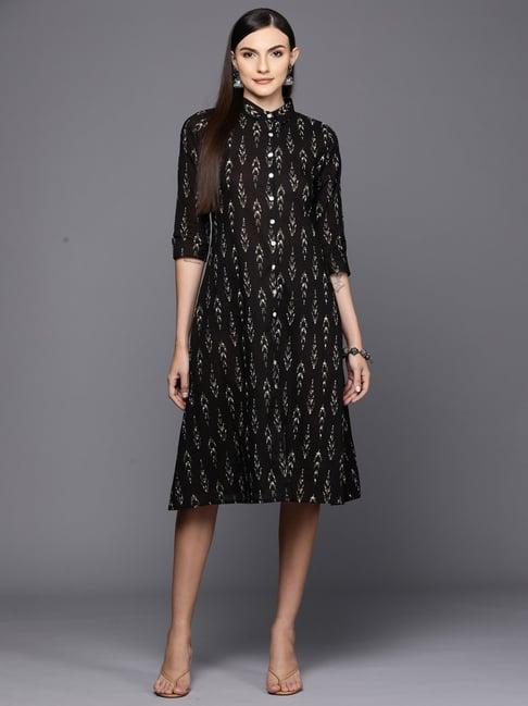 indo era black cotton printed shirt dress