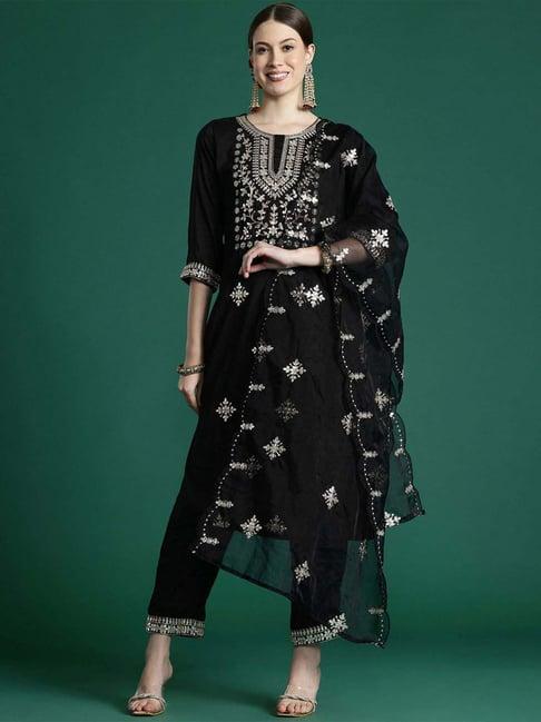 indo era black embellished kurta pant set with dupatta