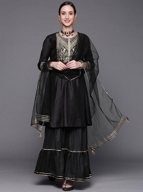 indo era black embellished kurti sharara set with dupatta