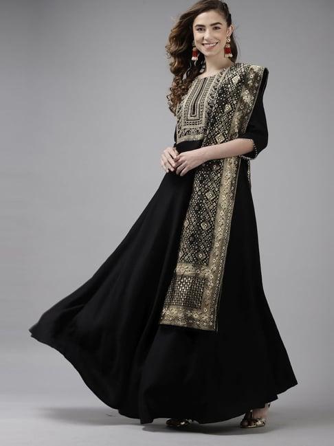 indo era black embroidered flared kurta with dupatta