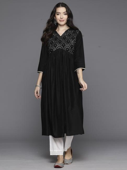 indo era black embroidered flared kurta