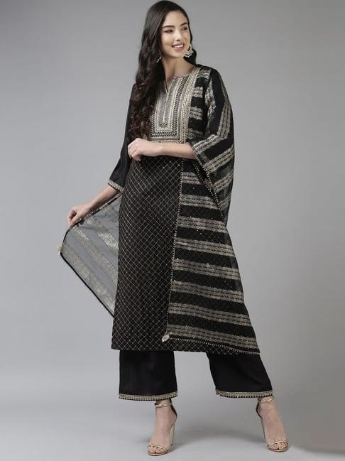 indo era black embroidered kurta palazzo set with dupatta