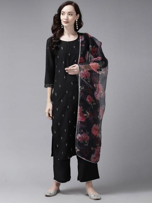 indo era black embroidered kurta palazzo set with dupatta