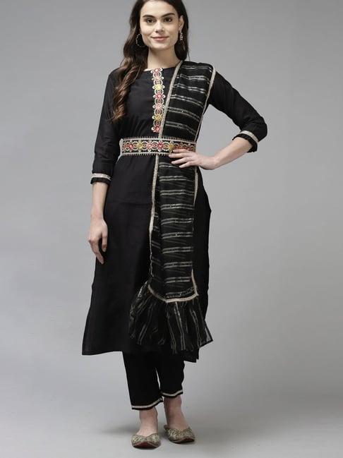 indo era black embroidered kurta pant set with dupatta & belt