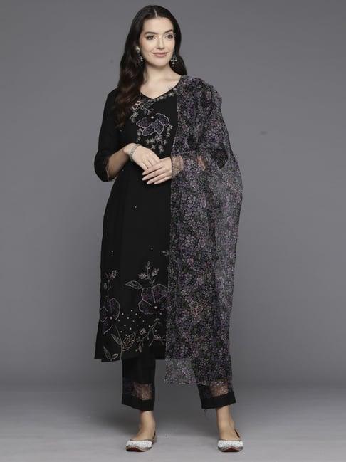 indo era black embroidered kurta pant set with dupatta