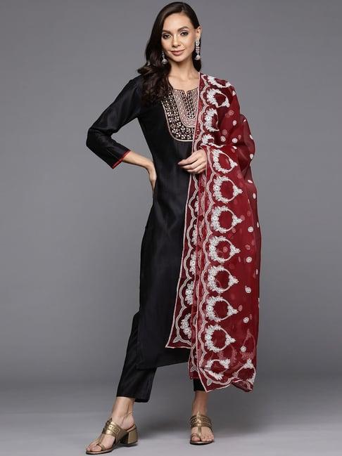 indo era black embroidered kurta pant set with dupatta