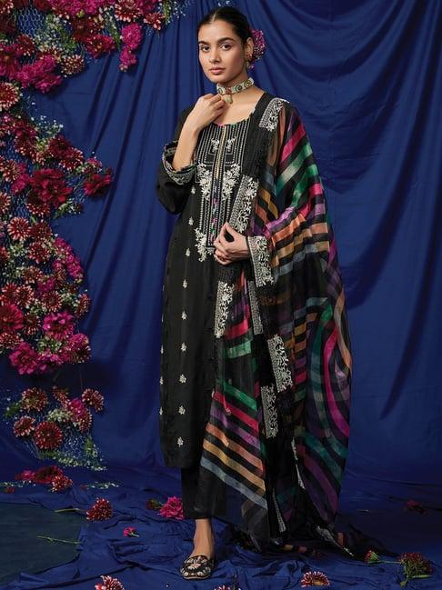 indo era black embroidered pure cotton kurta with pant & dupatta