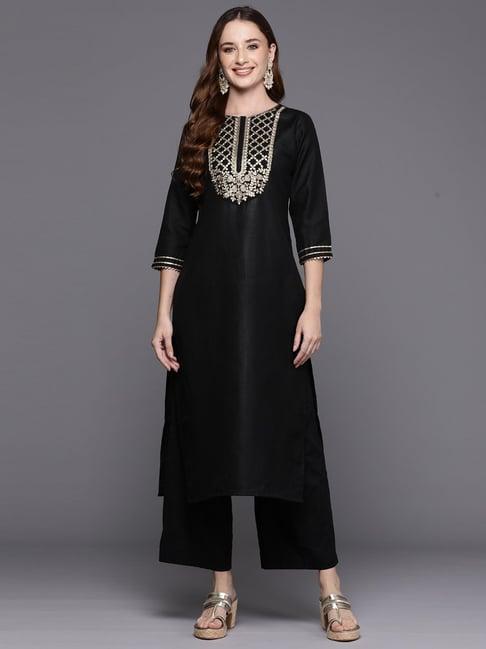 indo era black embroidered straight kurta