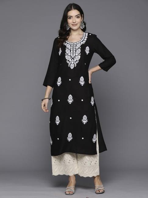 indo era black embroidered straight kurta