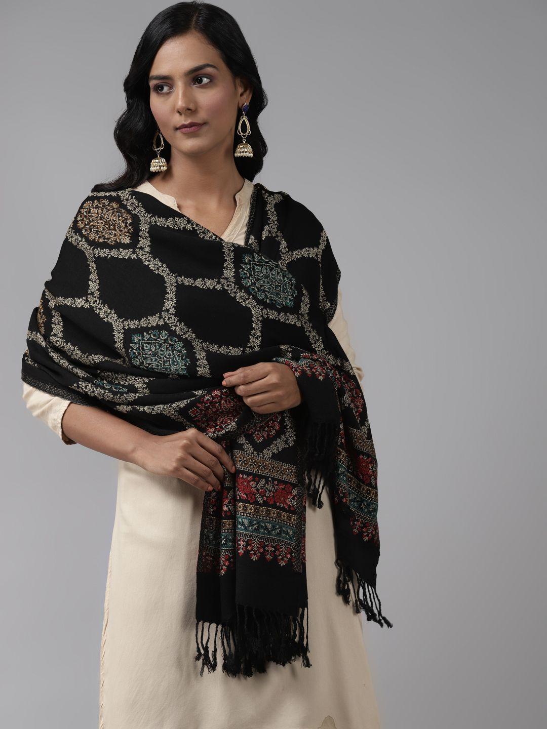 indo era black ethnic motifs woven design viscose rayon stole