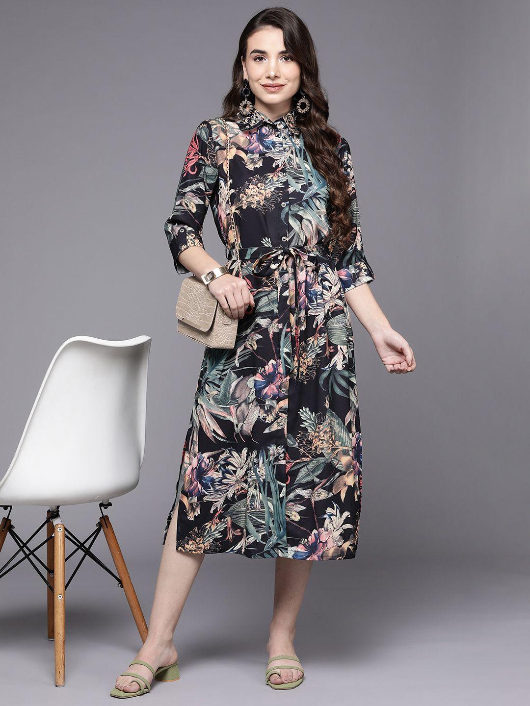 indo era black floral satin shirt midi dress