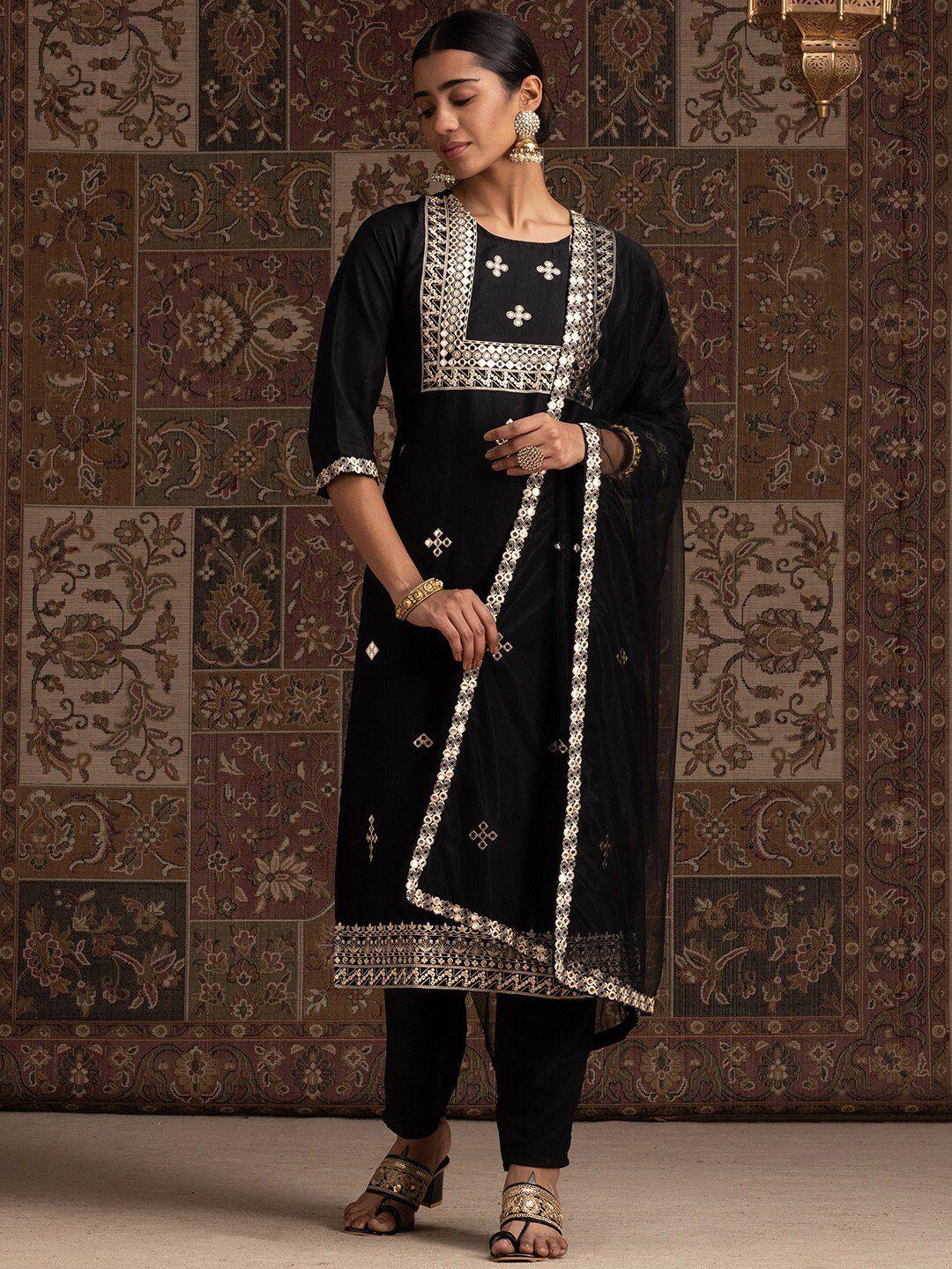 indo era black geometric embroidered mirror work straight kurta with trousers & dupatta