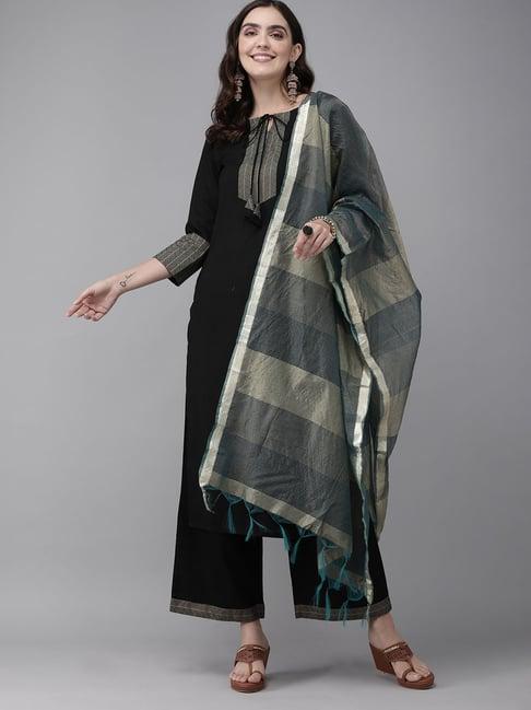 indo era black round neck kurta with palazzo & dupatta