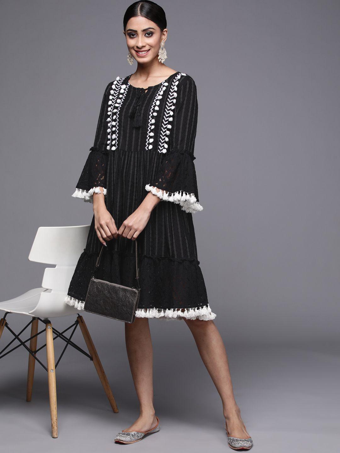 indo era black striped ethnic a-line dress