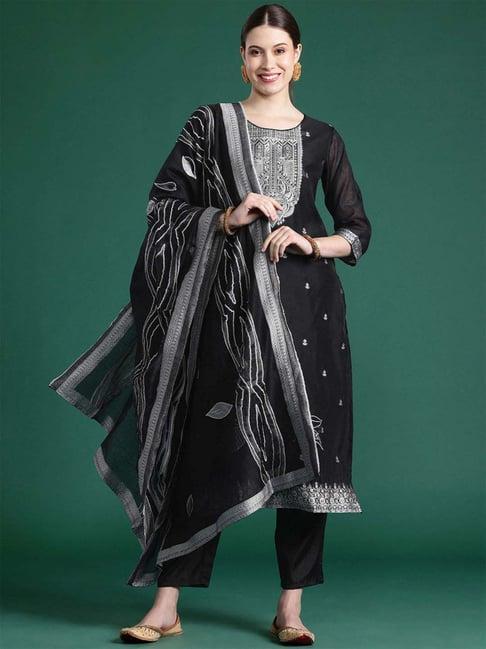 indo era black woven kurta pant set with dupatta