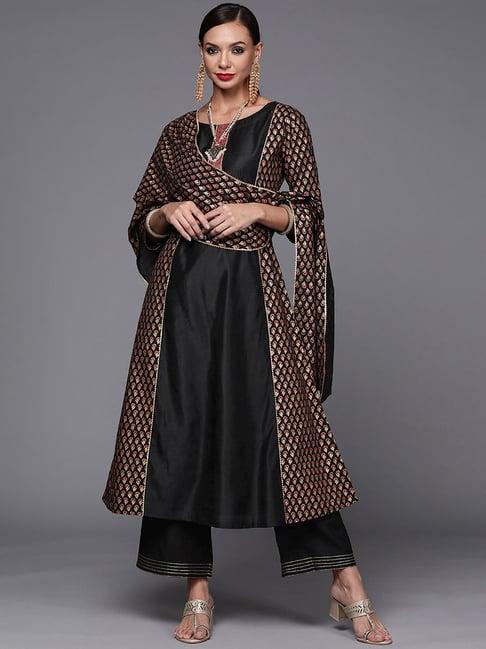 indo era black woven pattern kurta palazzo set with dupatta