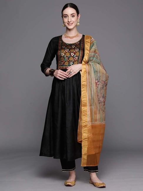 indo era black woven pattern kurta pant set with dupatta