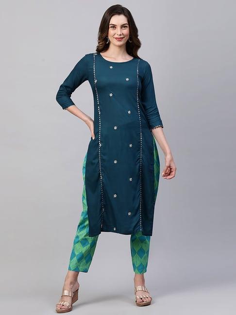 indo era blue & green embroidered kurta pant set