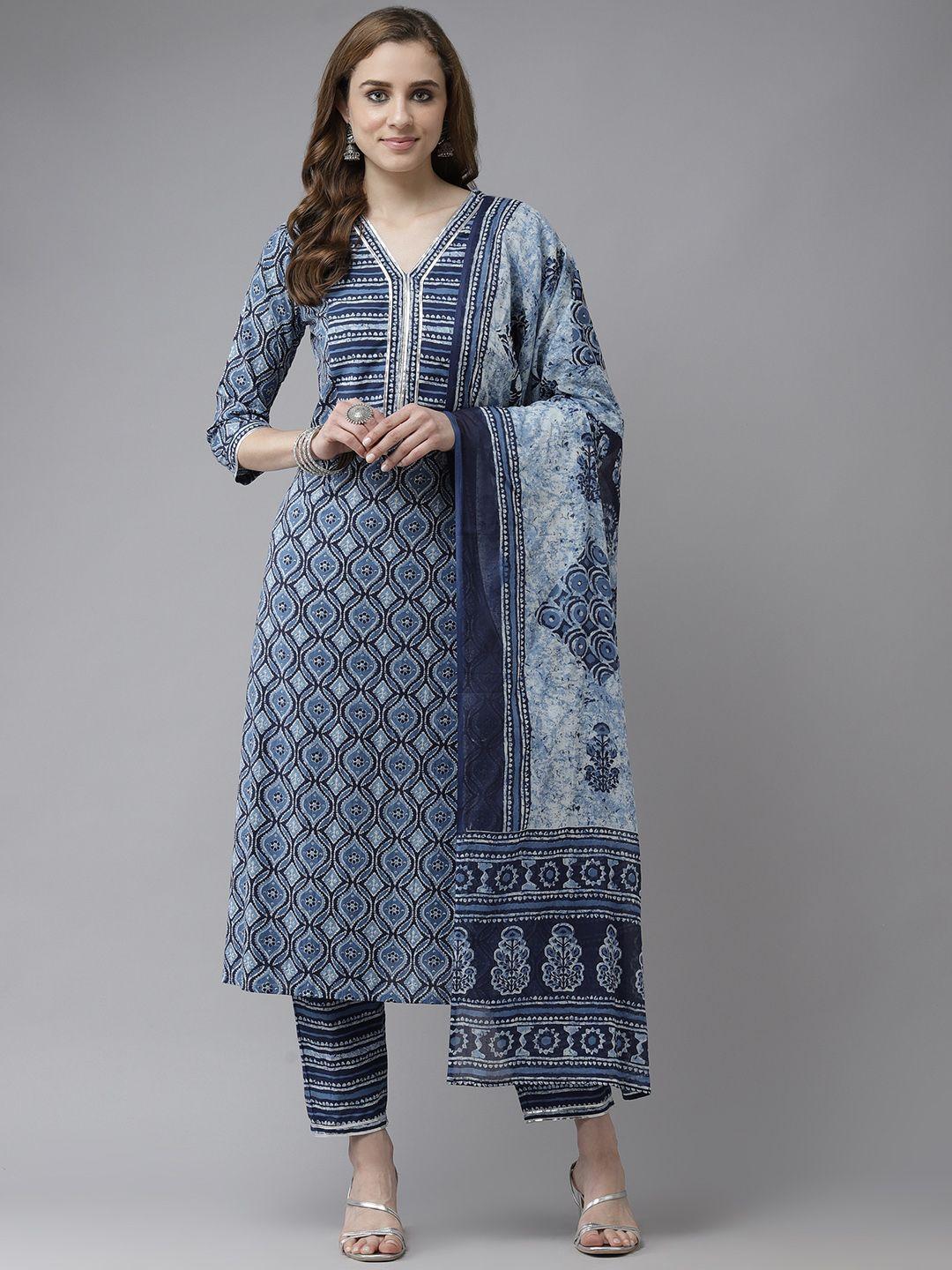 indo era blue & white ethnic print gotta patti a-line kurta trousers & dupatta