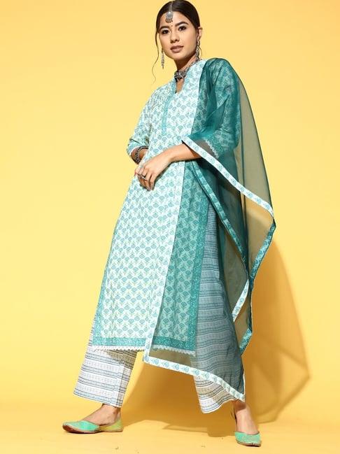 indo era blue & white printed kurta palazzo set with dupatta