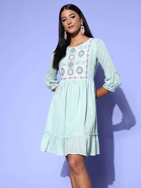 indo era blue cotton embroidered a-line dress