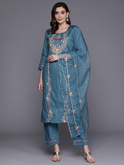 indo era blue cotton embroidered kurta pant set with dupatta