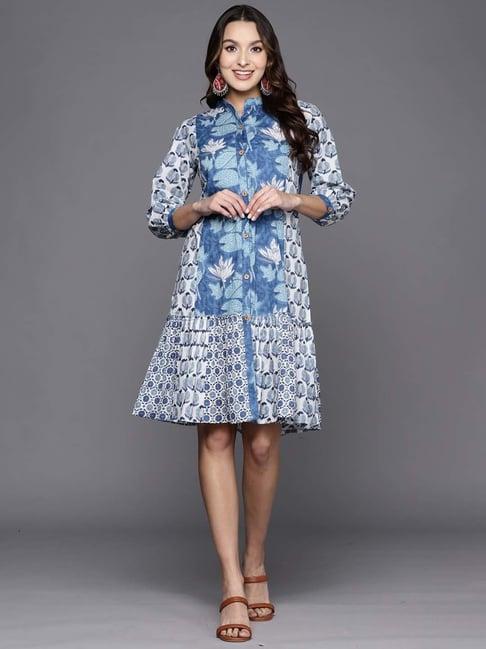 indo era blue cotton floral print a-line dress