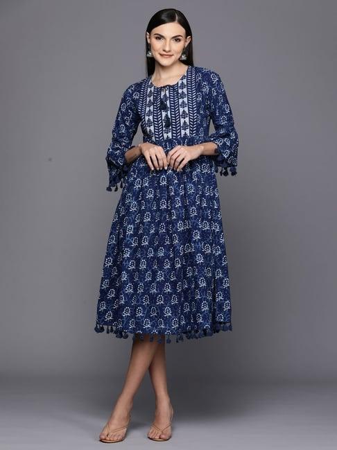 indo era blue cotton printed a-line dress