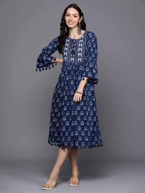 indo era blue cotton printed a-line dress