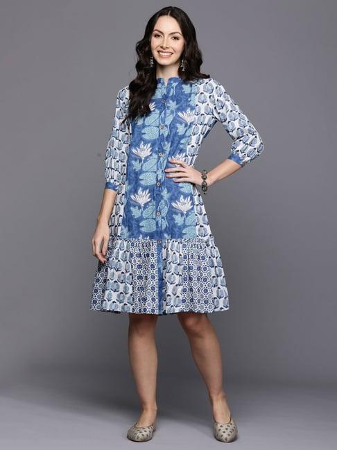 indo era blue cotton printed a-line dress