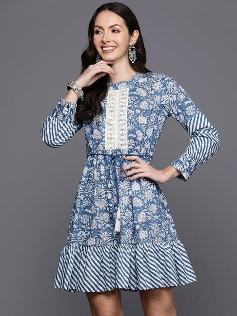 indo era blue cotton printed dress