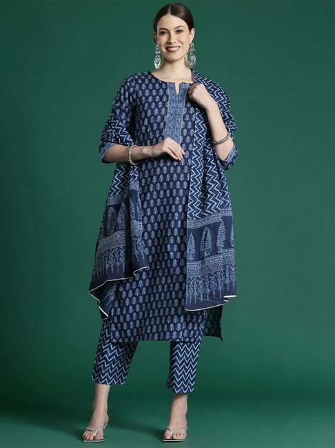 indo era blue cotton printed kurta pant set with dupatta