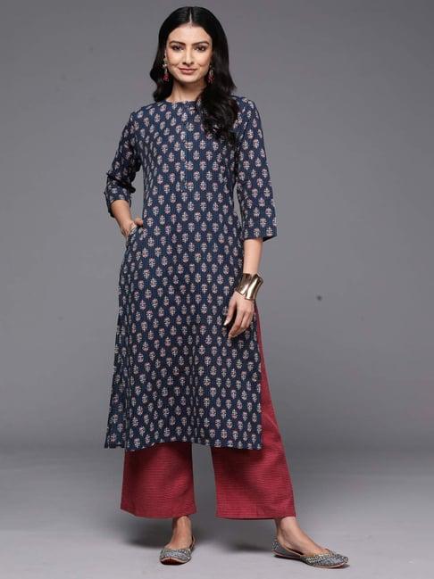 indo era blue cotton printed straight kurta