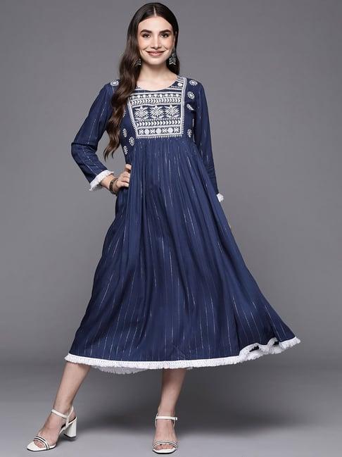 indo era blue embroidered a-line dress