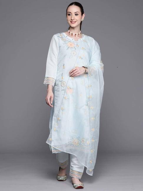 indo era blue embroidered kurta pant set with dupatta